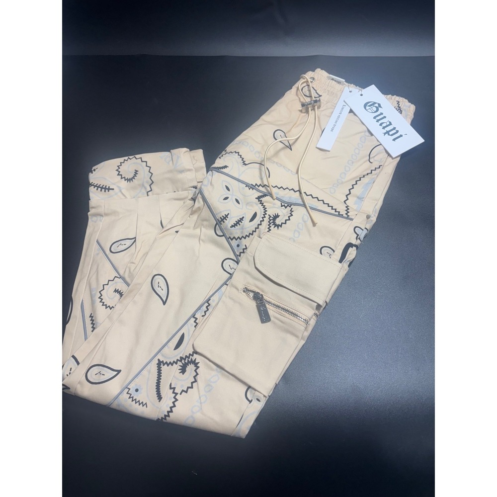 Guapi Pants Beige Bandana Print Reflective Cargo‎ Streetwear Trousers